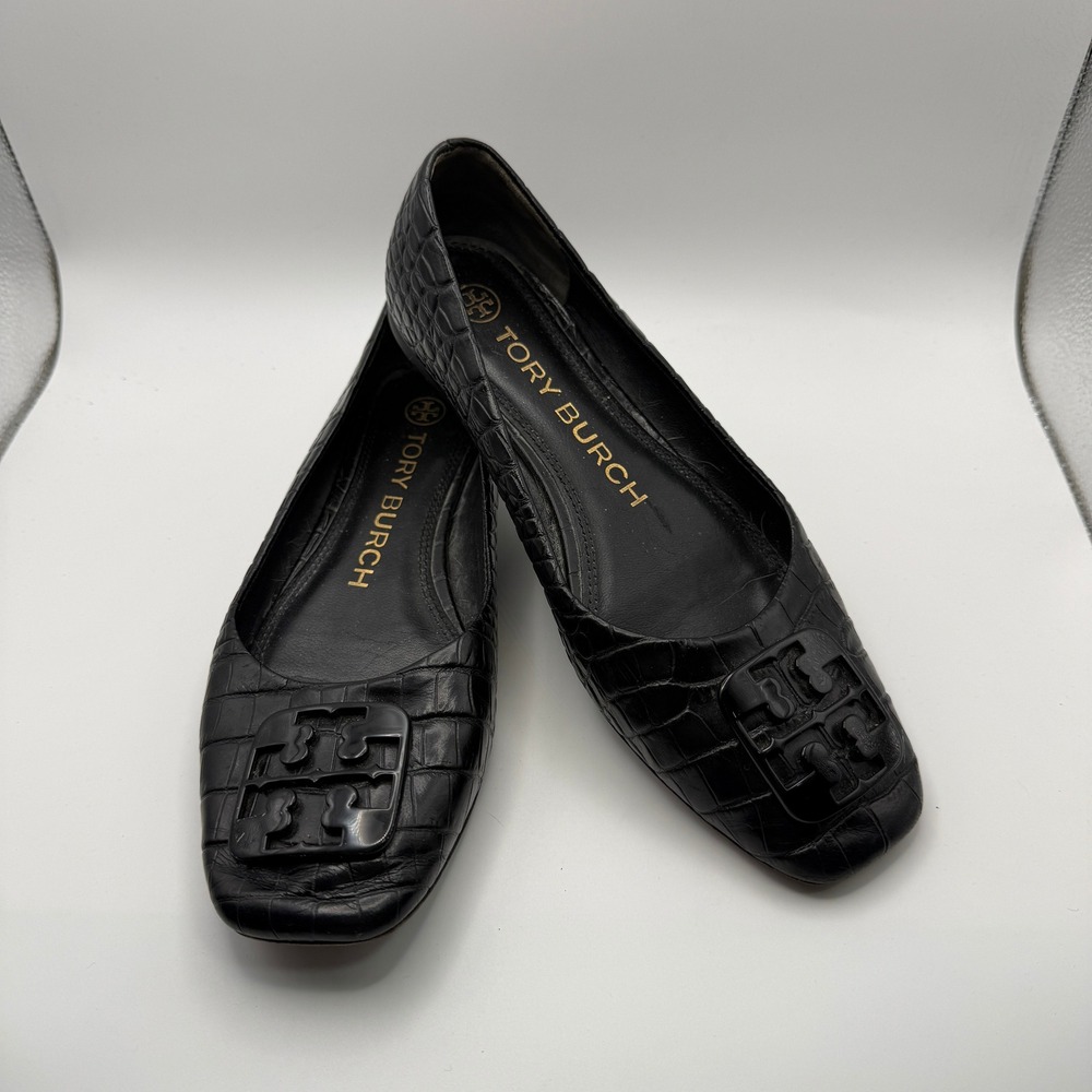 Tory Burch Georgia Ballet Flats Black Croc Embossed Leather Square Toe Size 8M